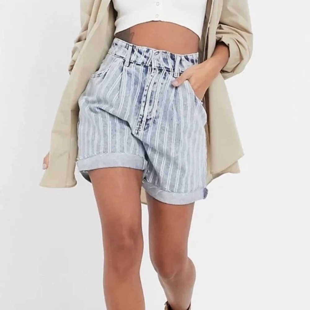 We The Free Dogtown Light Blue Striped High-Waist Paperbag Denim Shorts